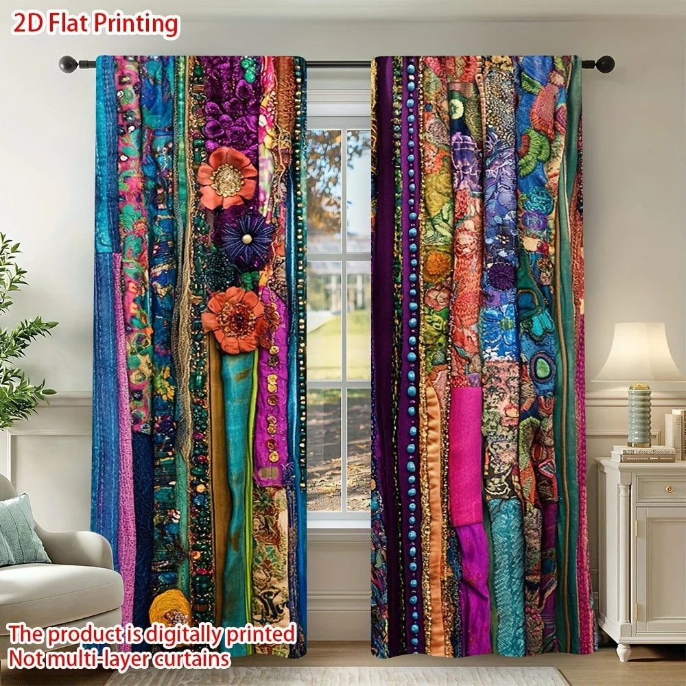A pair of multi-layer patchwork curtains featuring vibrant floral and abstract digital prints in various jewel tones.