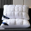 A white hotel-grade memory foam sleeping pillow is shown resting on a dark surface.