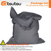 A gray outdoor bean bag cover is shown, emphasizing that it is empty and requires a filler.
