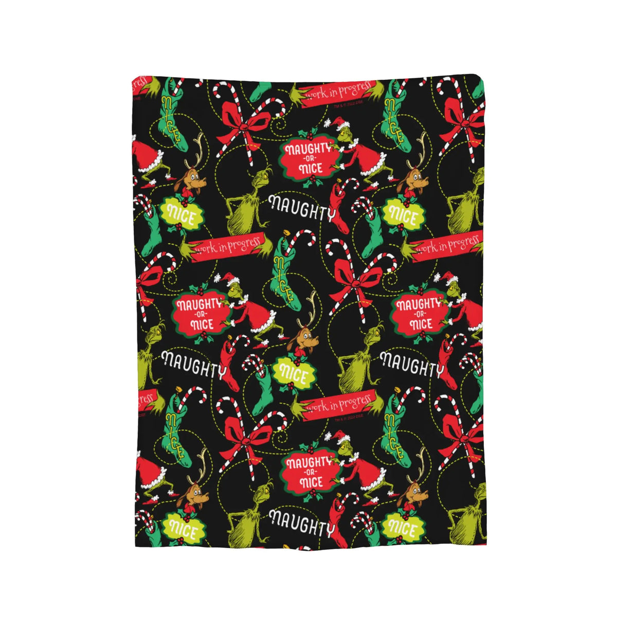 A black fabric throw blanket featuring repeating designs of mice and the phrase Mighty of Mice.