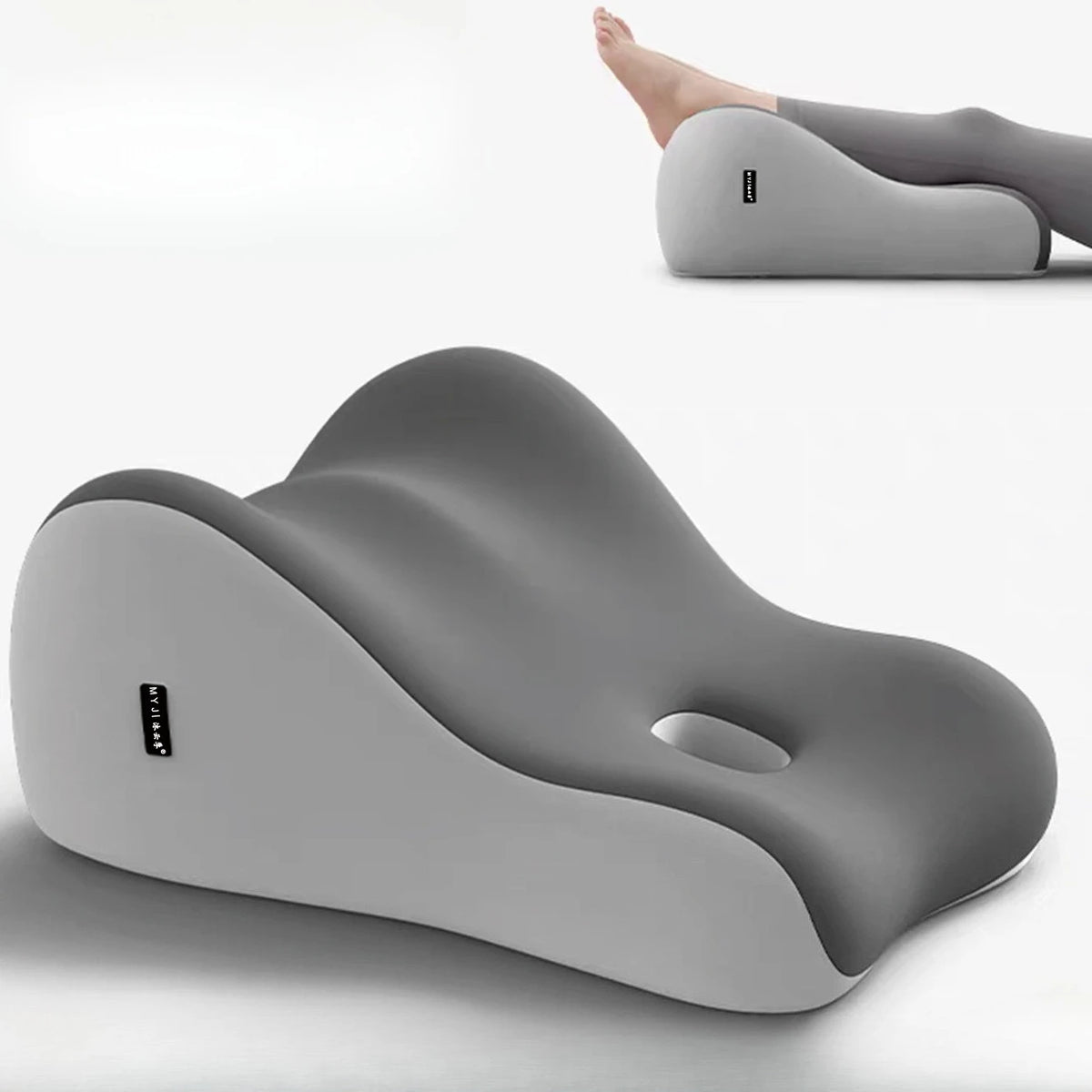 A gray memory foam wedge pillow for couples shown in a side profile.