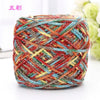 A ball of multicolored metallic silk yarn with various shades of red, blue, yellow, and gray.