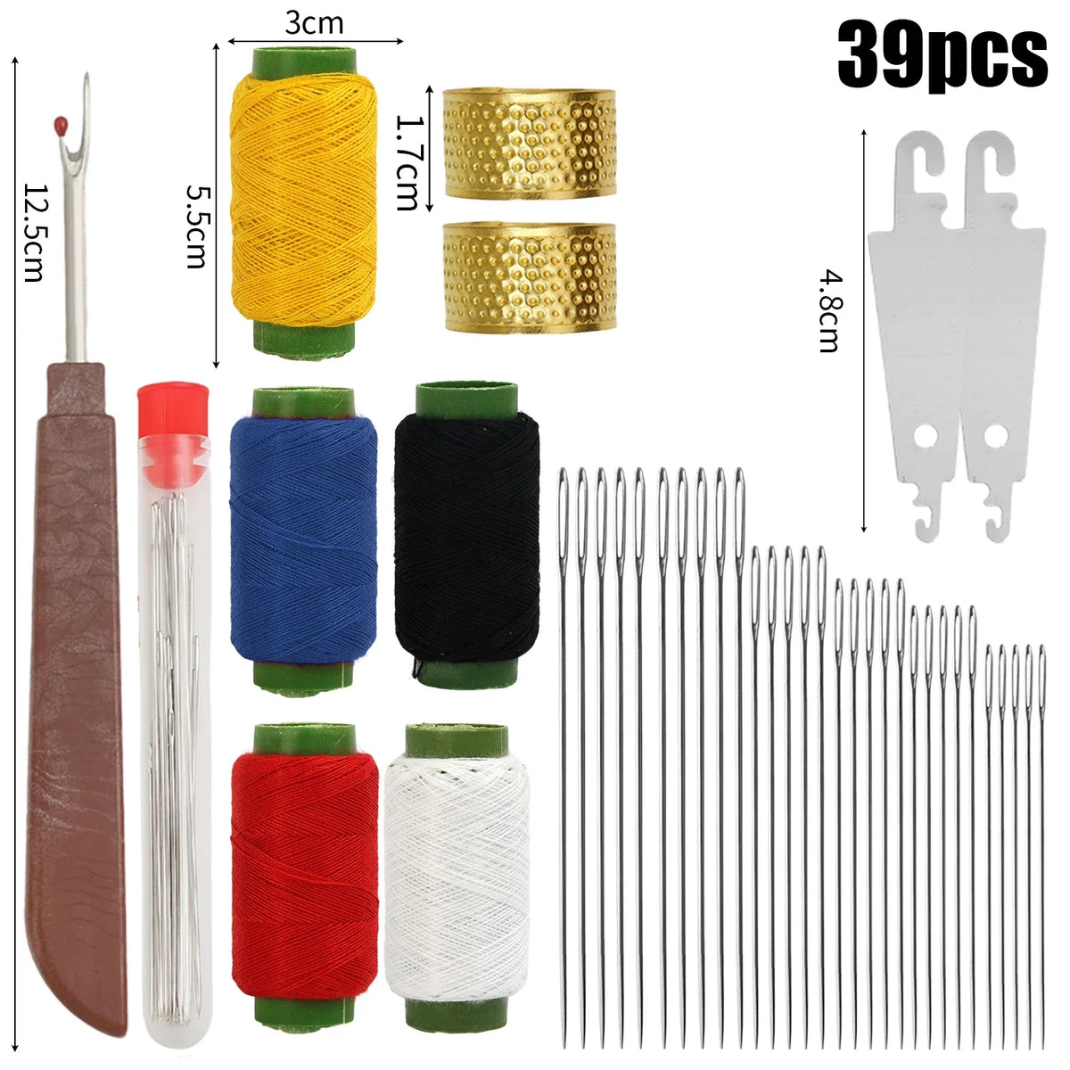 A portable sewing needle kit showing various colored threads, spools, and metal needles for embroidery and crafting.