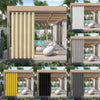 A series of outdoor curtains in various colors, including beige, yellow, black, and gray, shown hanging on a pergola structur