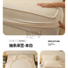 A beige fitted bed sheet with ruffled edges is shown on a bed, alongside close-ups of the fabric texture and edge design.