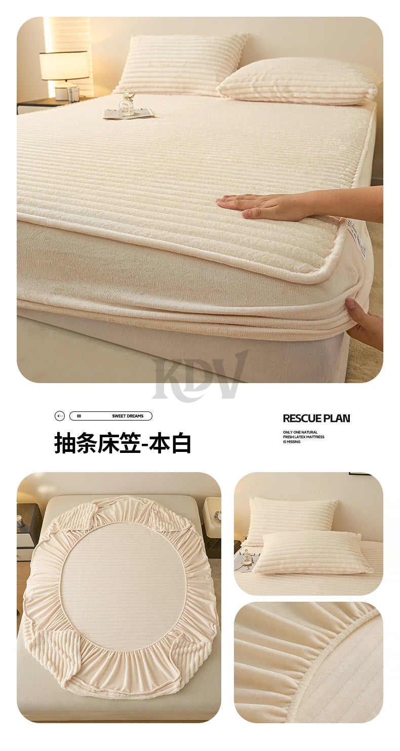 A beige fitted bed sheet with ruffled edges is shown on a bed, alongside close-ups of the fabric texture and edge design.
