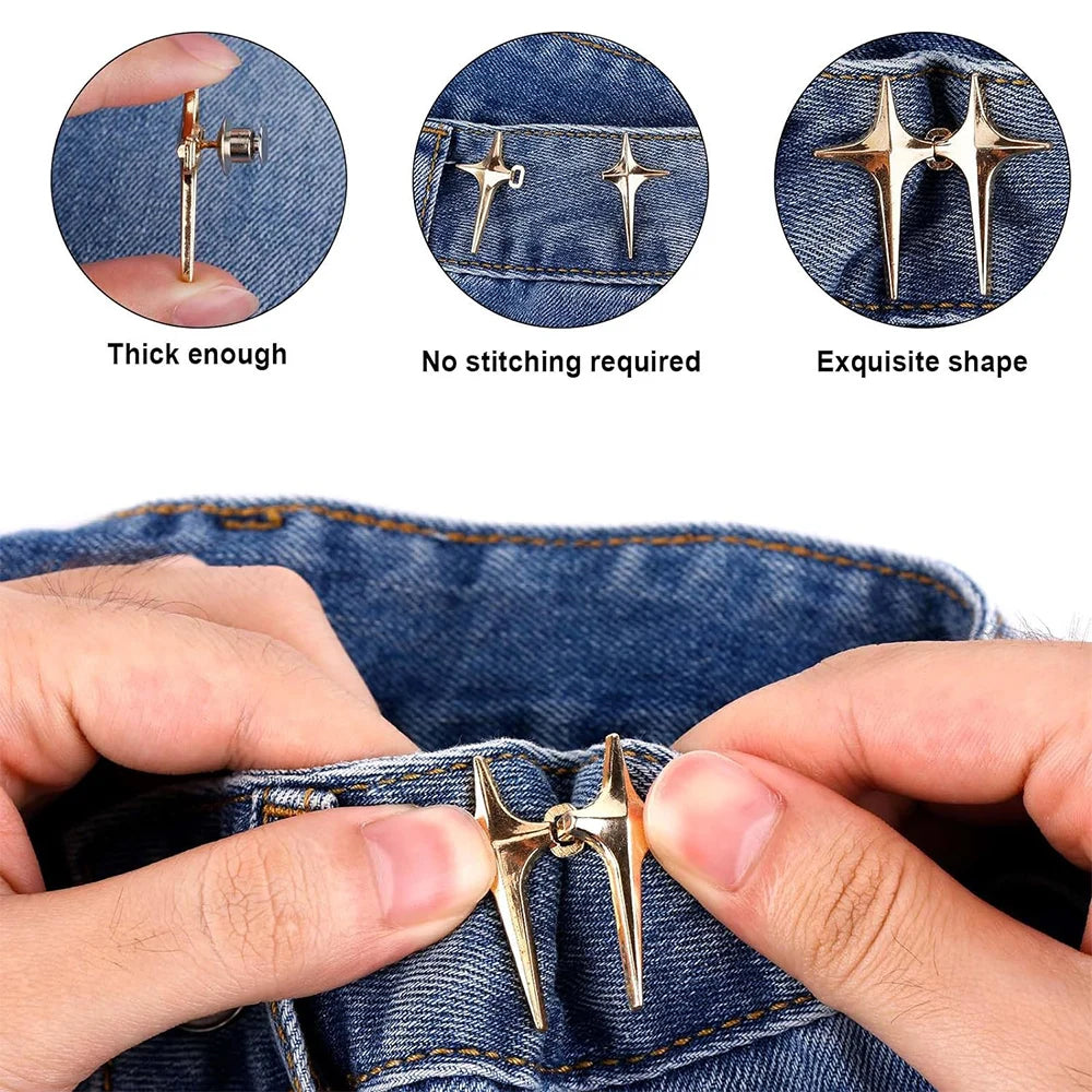 Close-up of a hand inserting an adjustable gold star-shaped jean button into denim fabric