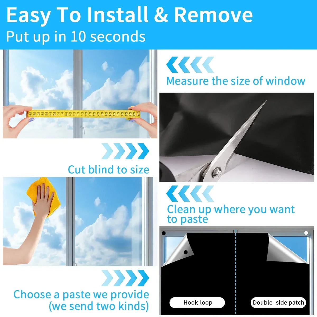 Instructions for easy to install and remove blackout window shades, showing measurement, cutting, and pasting.