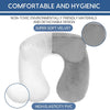 A white and gray inflatable travel pillow featuring a super soft velvet cover and high elasticity PVC material.