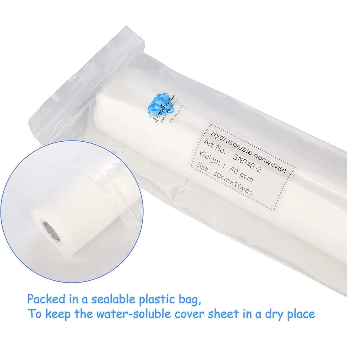 A roll of white hydrosoluble nonwoven embroidery stabilizer packaged in a clear plastic bag.
