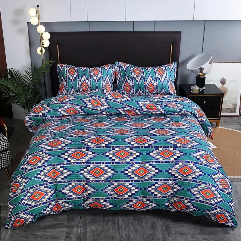 A teal and white geometric patterned duvet cover set displayed on a bed with a dark headboard.