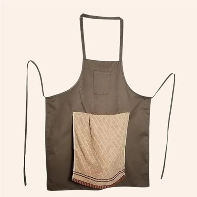 A dark olive green apron with a hidden surprise pocket and a beige fabric insert.