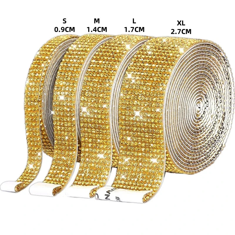 Rolls of self-adhesive crystal rhinestone ribbon in various sizes and colors for DIY crafts