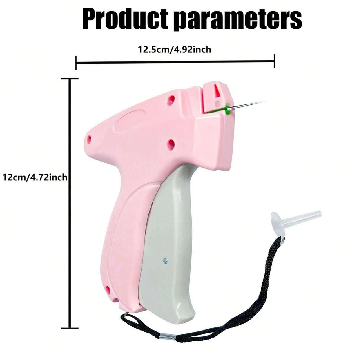 A pink micro stitching gun with a gray body and a black cord is shown, measuring 12cm long.