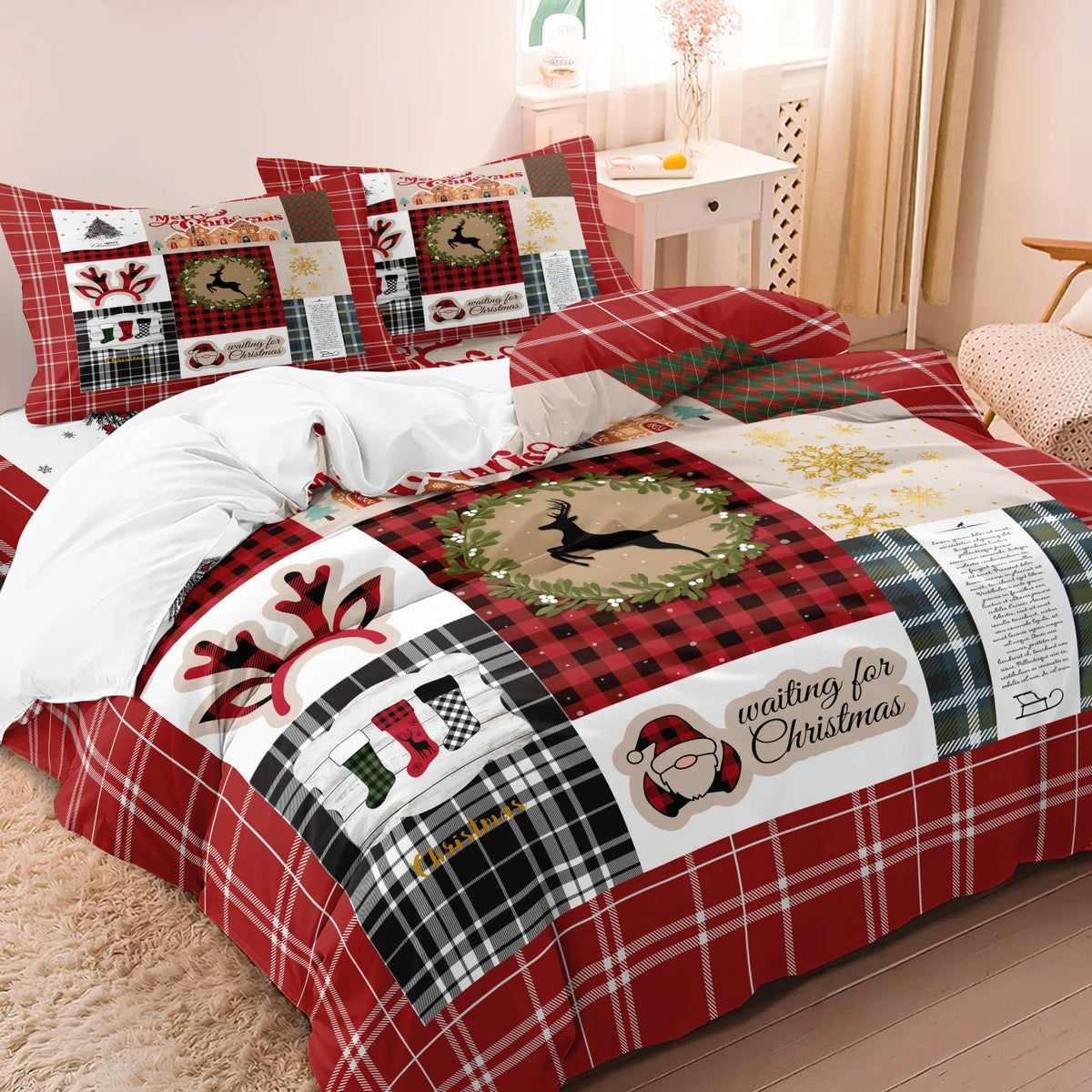 A plaid duvet cover set featuring reindeer prints and festive holiday patterns on a bed.