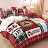 A plaid duvet cover set featuring reindeer prints and festive holiday patterns on a bed.
