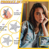 Close-up of a woman wearing a denim jacket, with inset circles showing sparkling glitter star patches for clothing decoration
