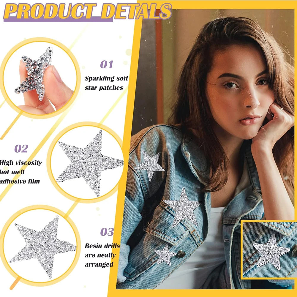 Close-up of a woman wearing a denim jacket, with inset circles showing sparkling glitter star patches for clothing decoration