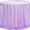 A purple satin table overlay cloth draped over a round table.