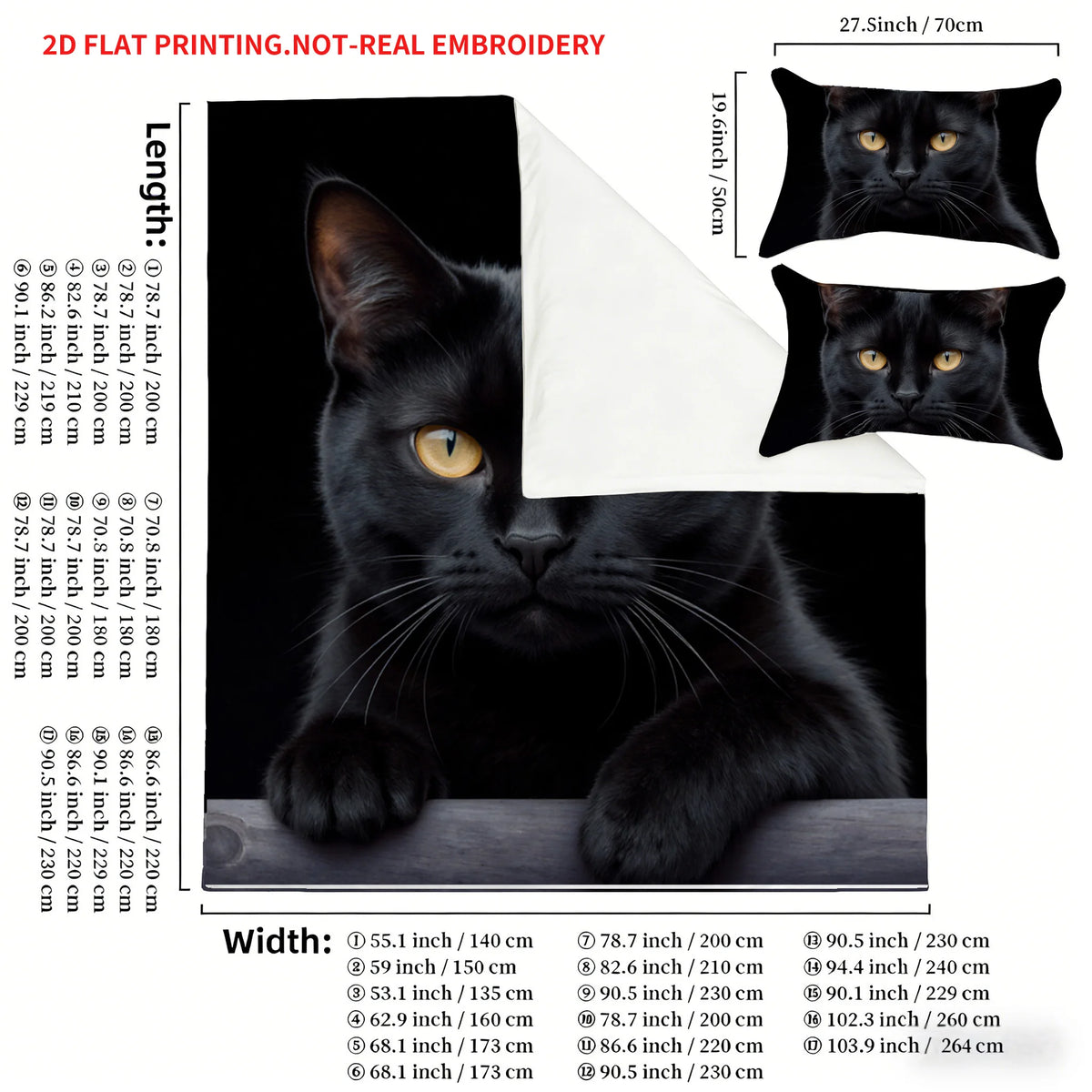 A black cat pattern quilt cover set featuring various dimensions and designs for 2D flat printing.