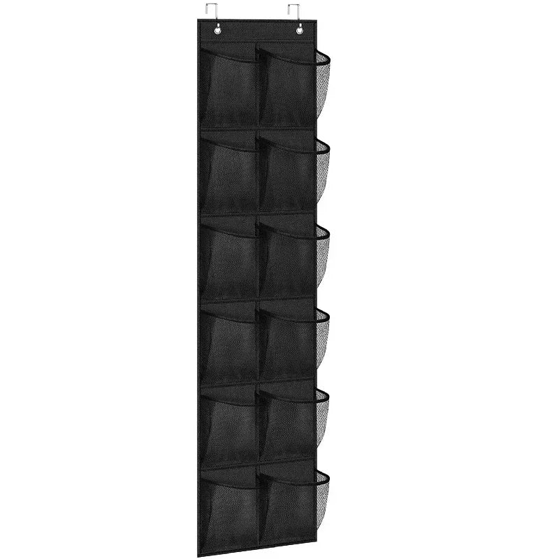 Black over-the-door shoe organizer with multiple hanging pockets.