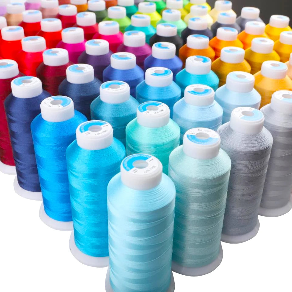 Bulk rolls of premium polyester embroidery thread in various bright and dark colors