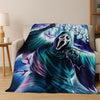 A dark, stylized horror character design printed on a blanket.