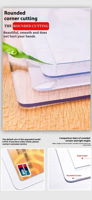 A clear plastic mat with rounded corners protects a table surface, demonstrating the smooth edge design.