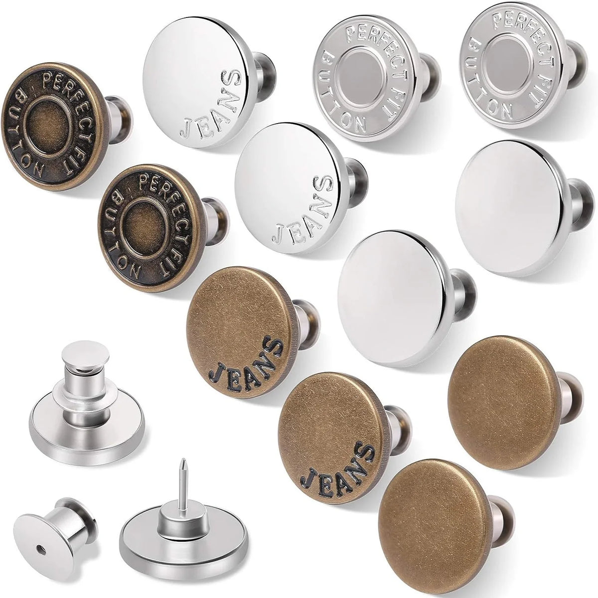 A collection of durable metal button pins in various finishes and sizes for clothing repair and customization.