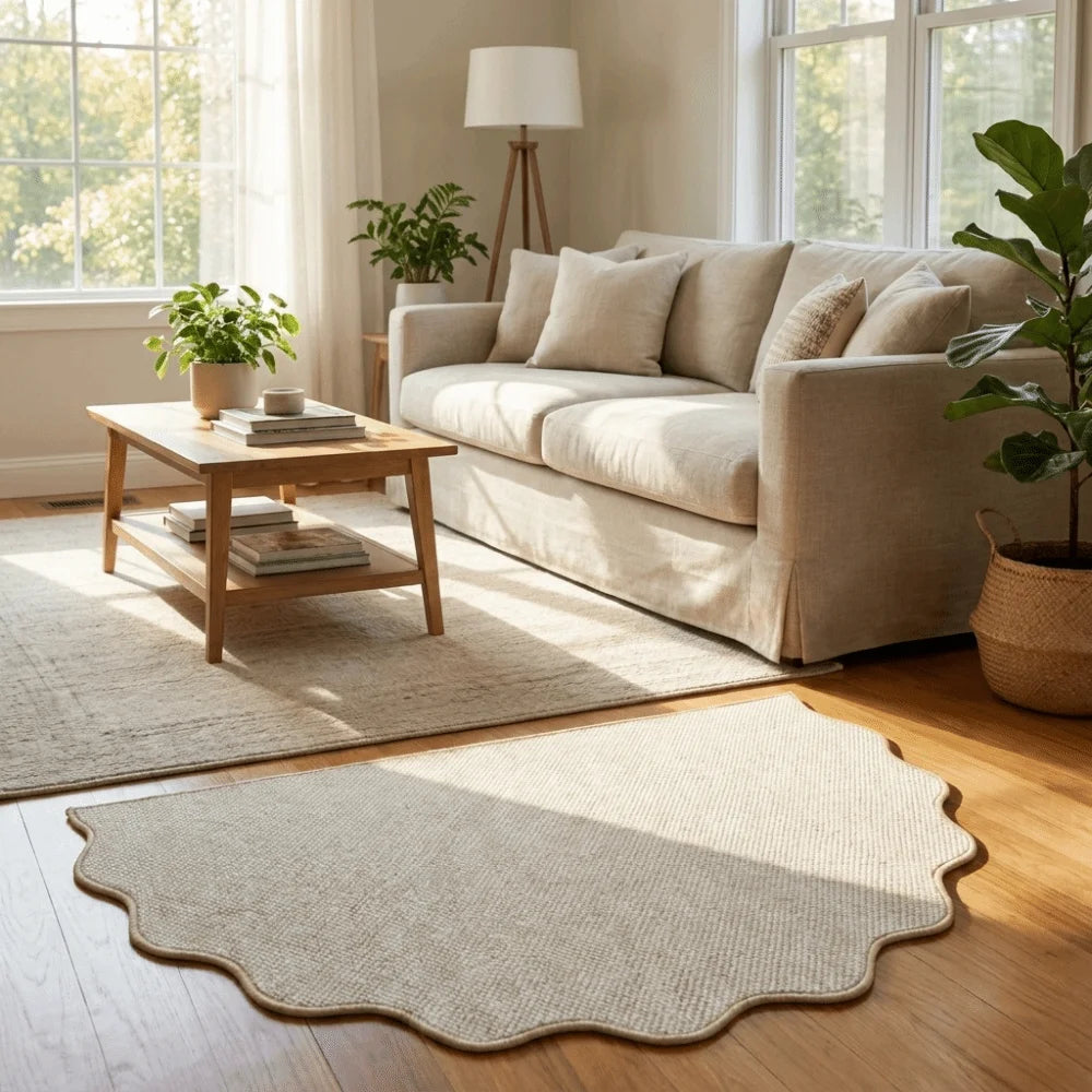 A natural jute non-slip entrance door mat placed on a wooden floor in a bright living room setting.