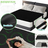 A black conductive grounding mattress pad with an elastic strap and plug shown next to a person using it.
