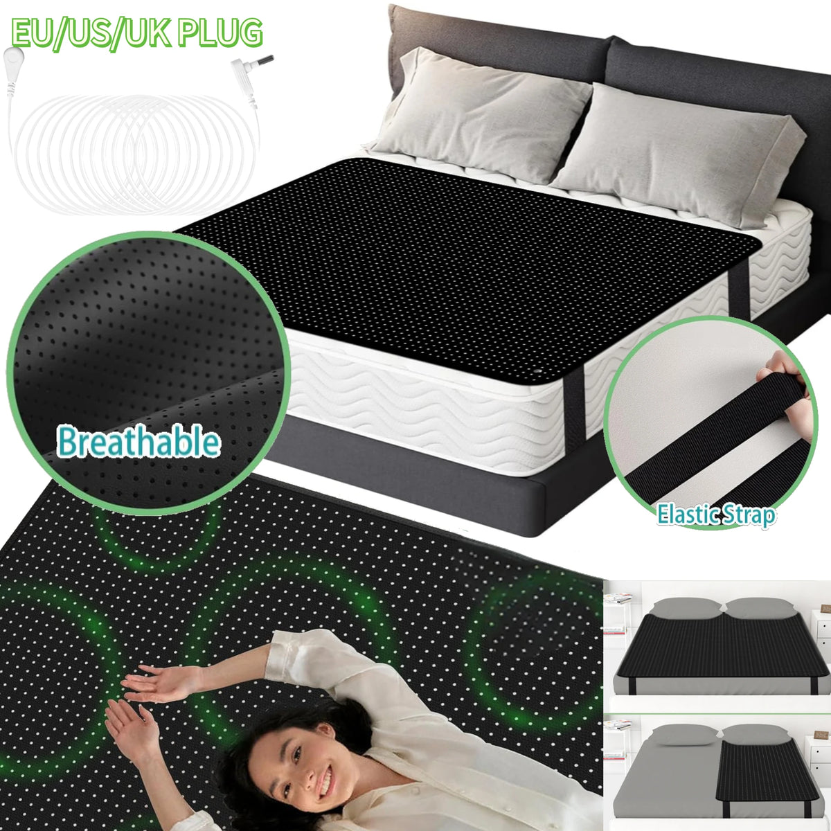 A black conductive grounding mattress pad with an elastic strap and plug shown next to a person using it.