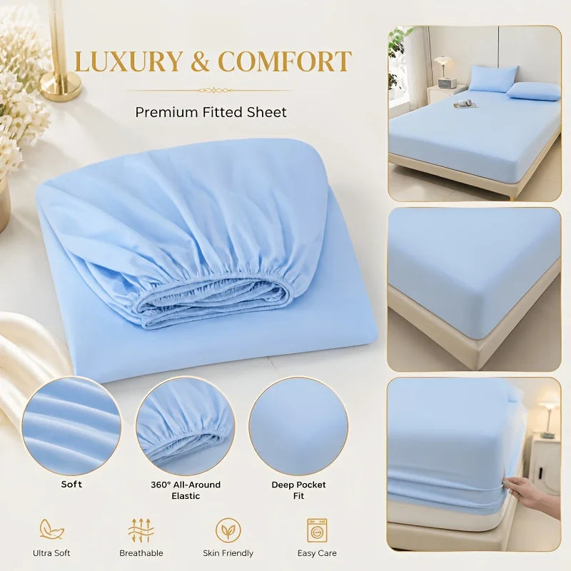 A stack of light blue premium fitted sheets with various texture details and care features shown on a white background.