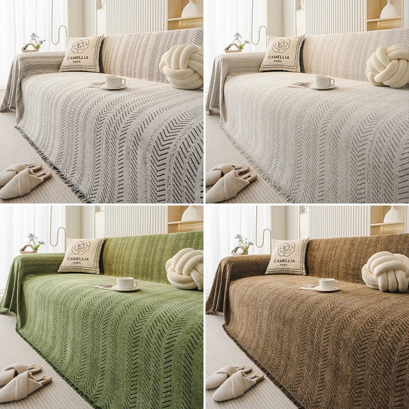 Three variations of elegant sofa covers featuring fishbone patterns in beige, olive green, and brown tones.