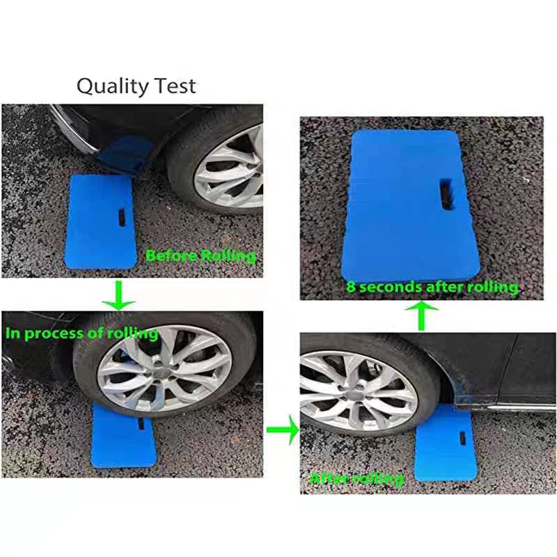 Demonstration of a thick blue protective kneeling mat being rolled on a car's tire.