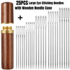 A set of 25 large eye stitching needles with a wooden case shown in a vertical arrangement.