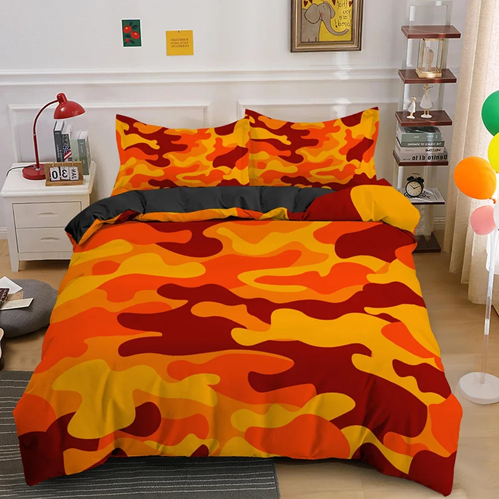 A vibrant camouflage duvet cover set featuring orange, yellow, and red patterns displayed on a bed.