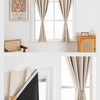 A set of beige blackout curtains hanging on a window, shown in two different styles.