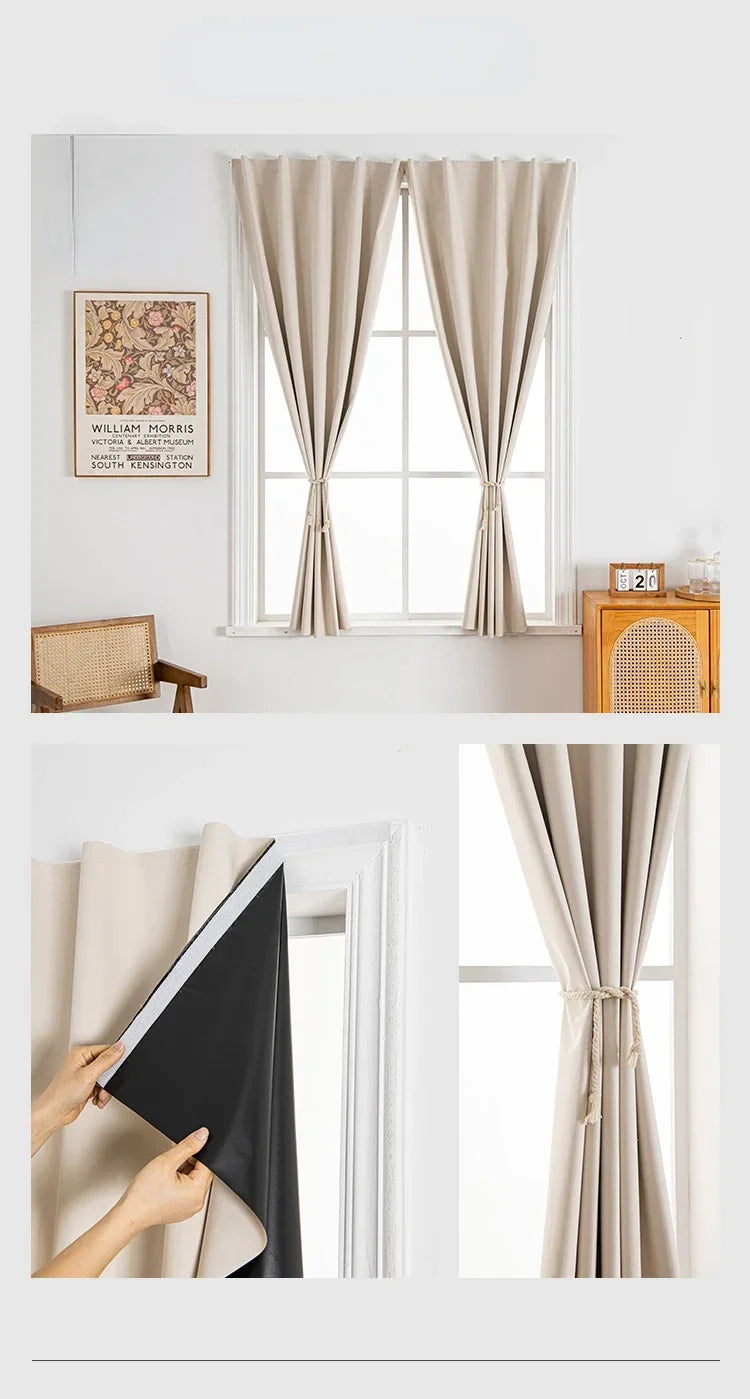 A set of beige blackout curtains hanging on a window, shown in two different styles.
