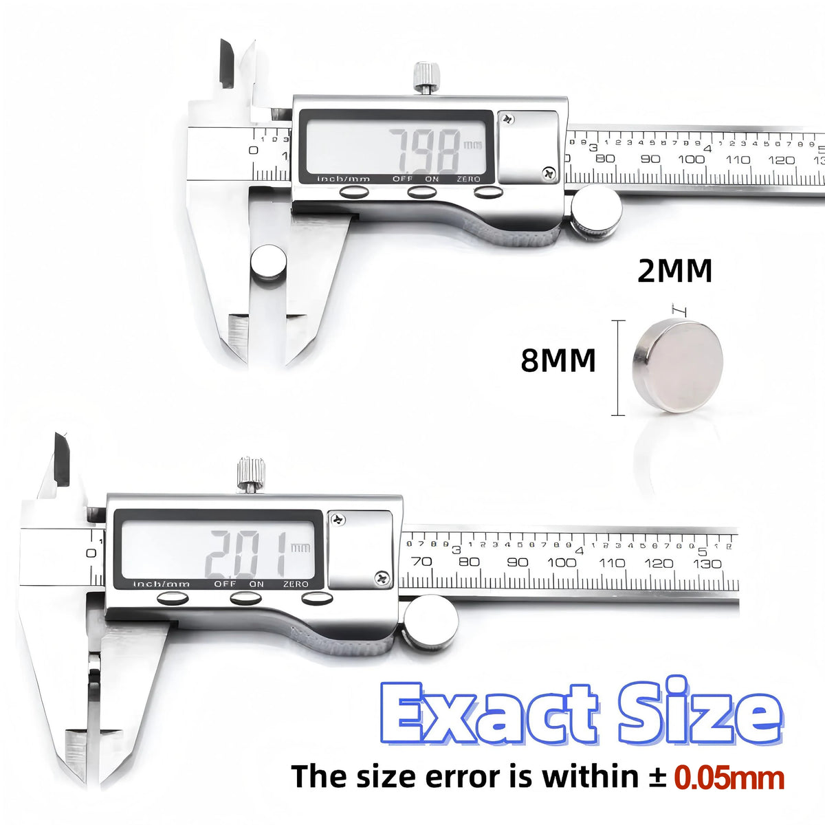 A silver digital caliper measuring 7.98 mm and 2.01 mm, demonstrating exact size measurement.