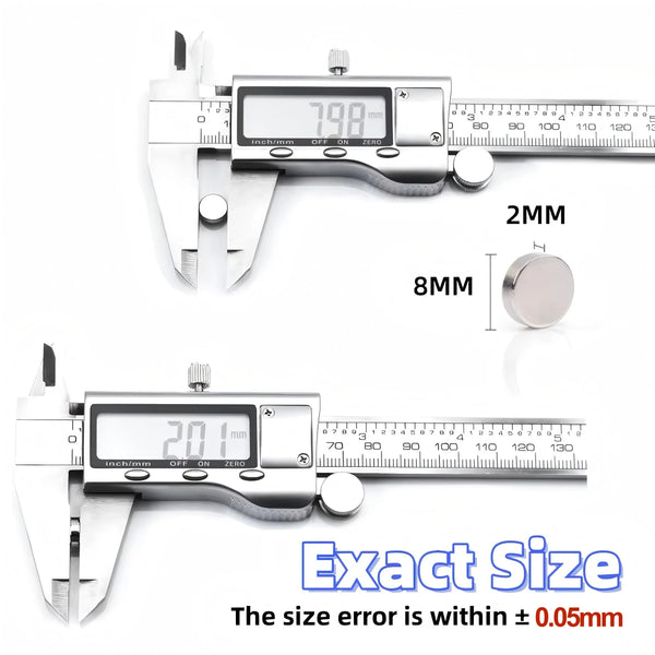 A silver digital caliper measuring 7.98 mm and 2.01 mm, demonstrating exact size measurement.