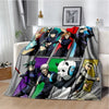 A throw blanket featuring characters from Jujutsu Kaisen anime in various poses and colors.