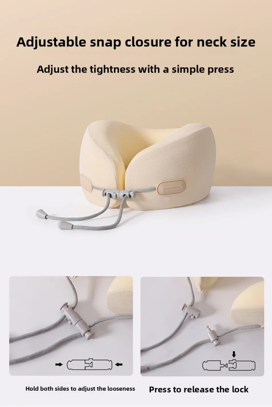 Adjustable snap closure for neck size on a beige memory foam travel neck pillow