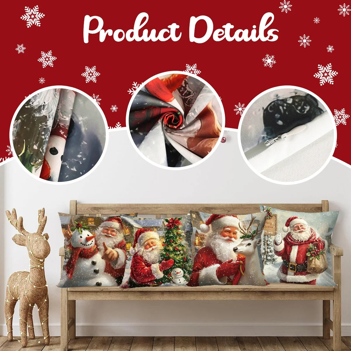 Two festive Christmas throw pillow covers featuring Santa and a snowman design.