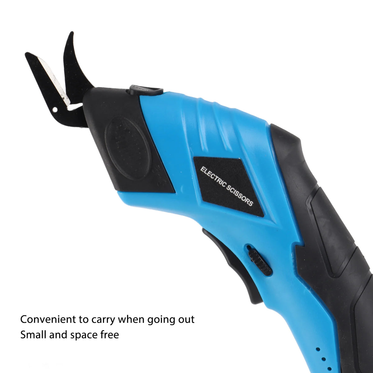 A blue and black cordless electric scissors tool with a metal blade, designed for fabric, carpet, and leather cutting.
