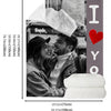A custom photo personalized flannel blanket with a gray background and a red heart embroidery.