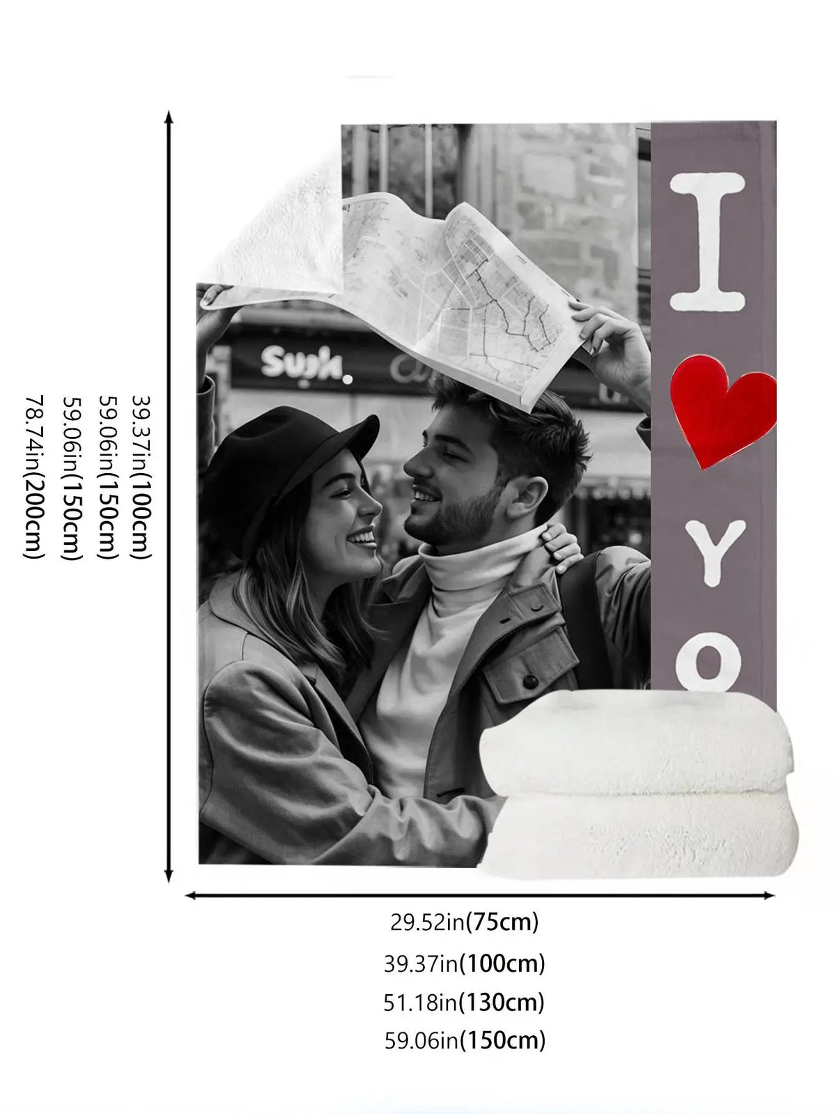 A custom photo personalized flannel blanket with a gray background and a red heart embroidery.