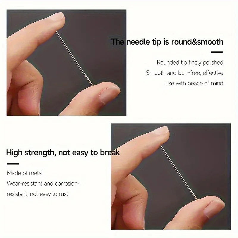 Close-up of a hand holding a needle tip and another hand demonstrating the strength of a metal needle.
