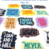 A collection of iron-on embroidered text patches featuring positive affirmations like Think Positive Enjoy the Day and Never 