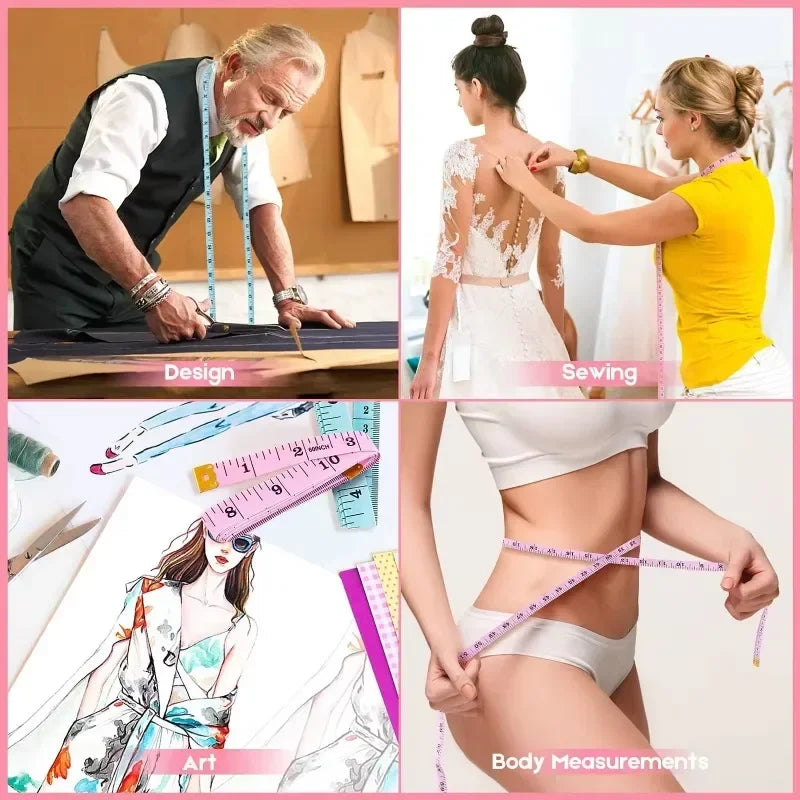 A collage showing the process of design, sewing, and body measurements using a flexible fiberglass tape for garment creation.